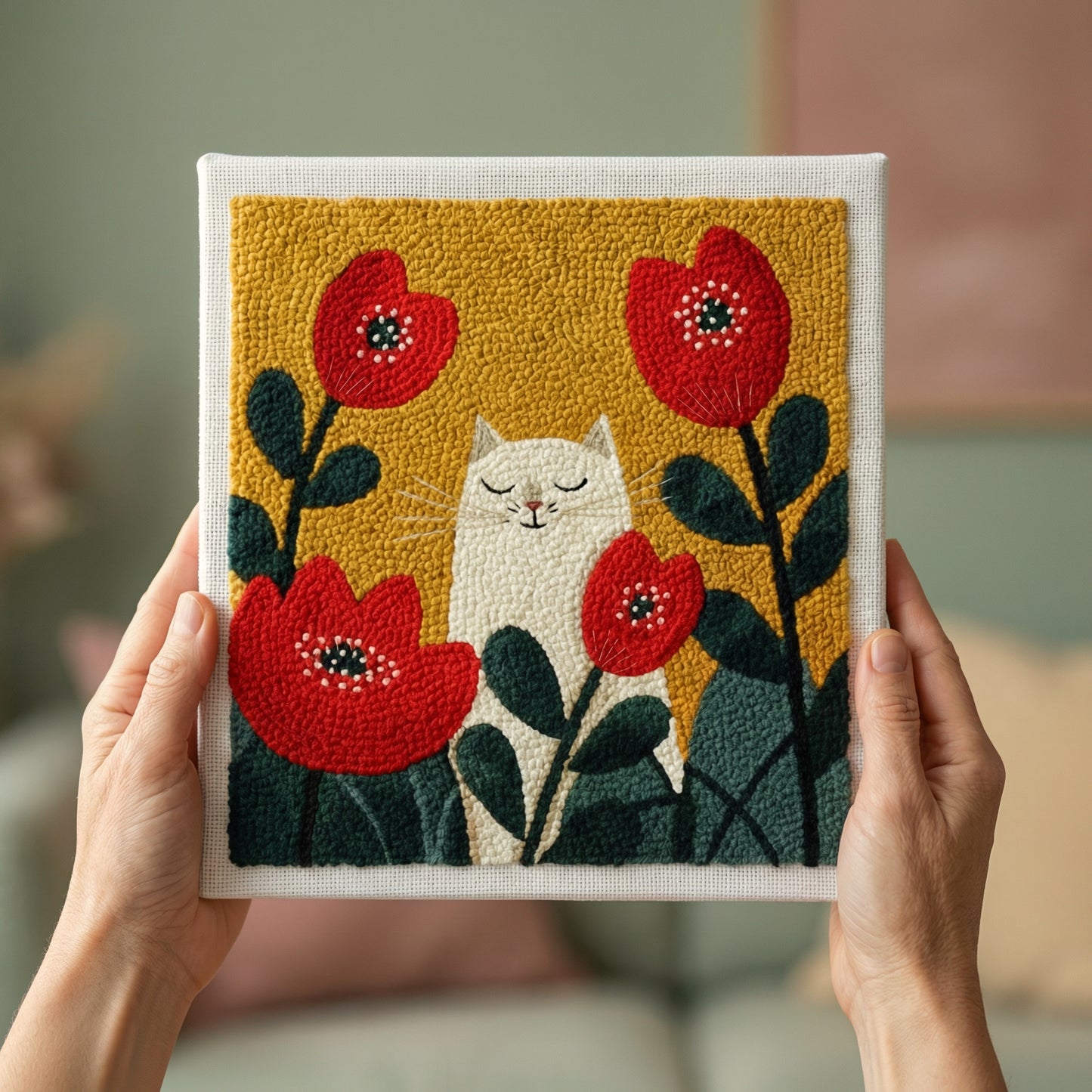 Punch Needle embroidery tutorial - Crafting bright red poppies and a cute cat with textured wool and magic needle
