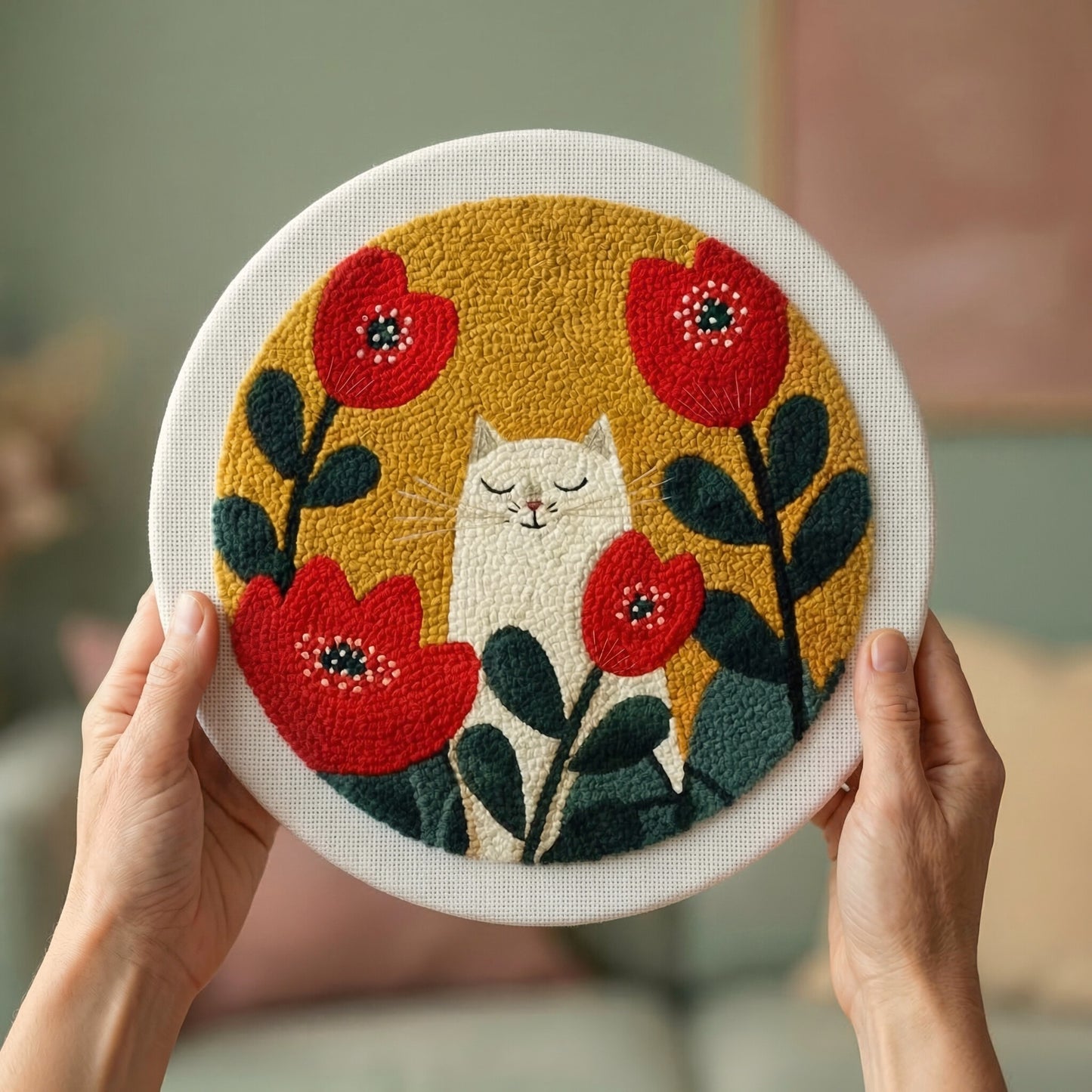 Handmade Cat in Poppies textile art - Sunny and cheerful DIY home decoration for a bright living room.