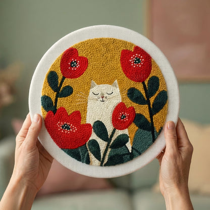 Handmade Cat in Poppies textile art - Sunny and cheerful DIY home decoration for a bright living room.