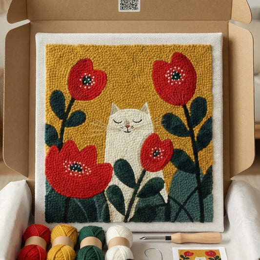 Punch‑Needle‑Set — Tonia Art Cat in Poppies Punch Needle Kit - Vibrant floral a — DIY Wanddeko — Tonia Art