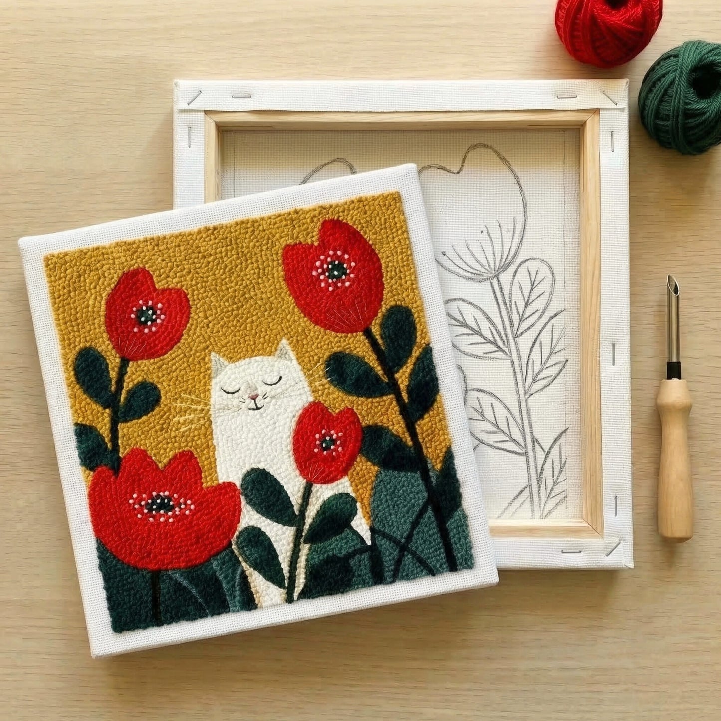 Tonia Art complete Punch Needle set - Pre-printed cat and poppy pattern, high-quality wool, and ergonomic needle.