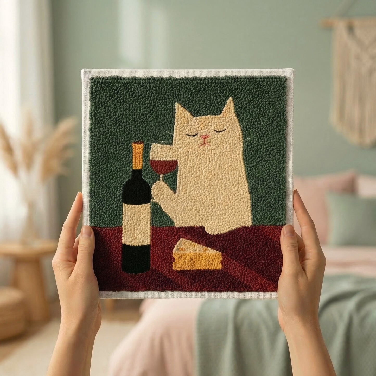 Handmade Cat and Red Wine textile art - Modern and cozy DIY home decoration for a kitchen or living room.