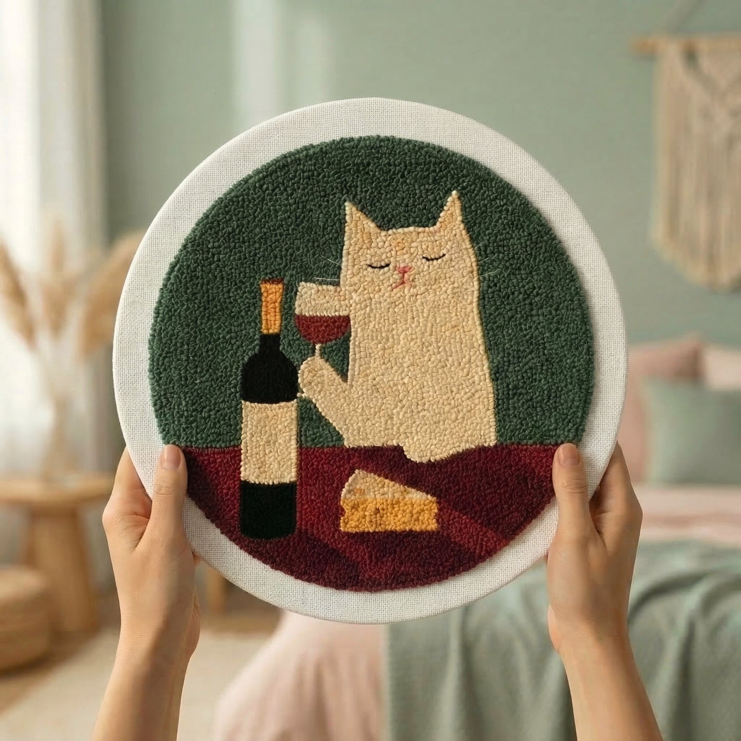 Tonia Art complete Punch Needle set - Pre-printed cat and wine pattern, high-quality wool, and ergonomic needle.