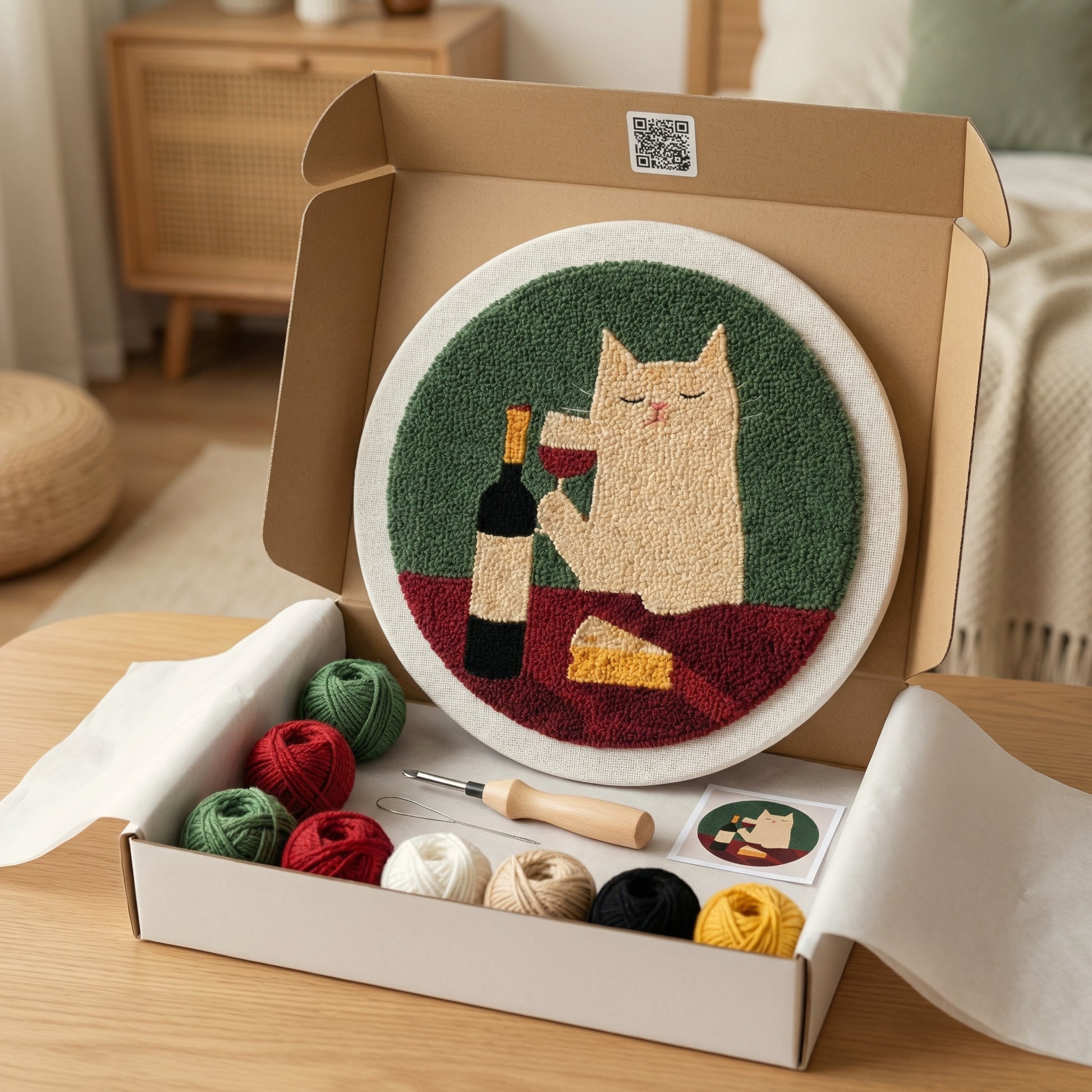 Punch Needle embroidery tutorial - Crafting a cute cat with a wine glass using textured wool and magic needle