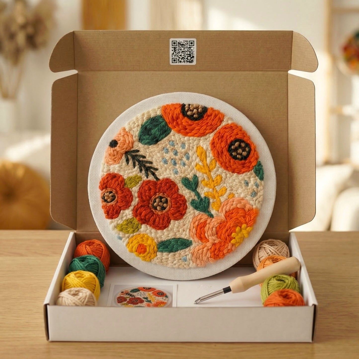 Tonia Art complete Punch Needle set - Pre-printed floral silhouette pattern, high-quality wool, and ergonomic needle.