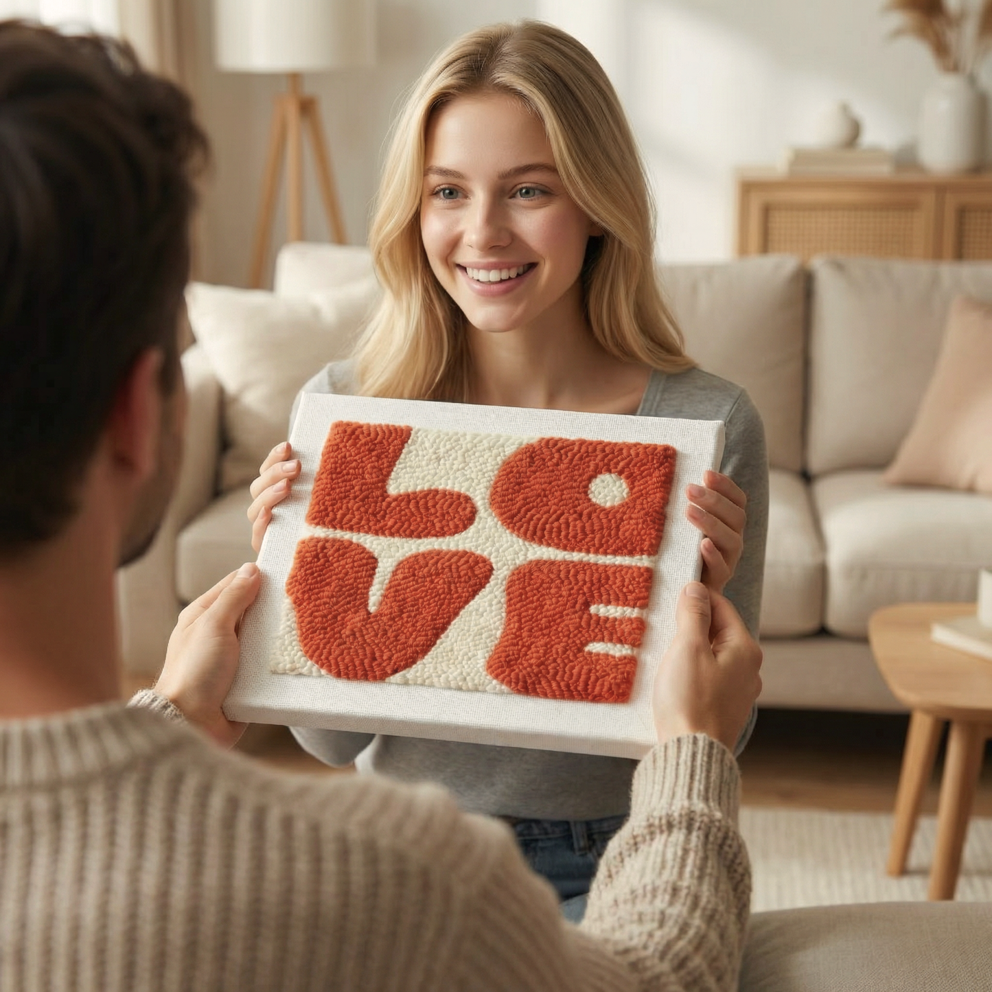 Handmade LOVE textile art - Cozy and stylish DIY home decoration for a bedroom or living room.