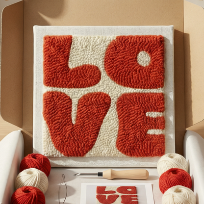 Tonia Art LOVE Typography Punch Needle Kit - Modern DIY wall decor on pre-stretched wooden frame.