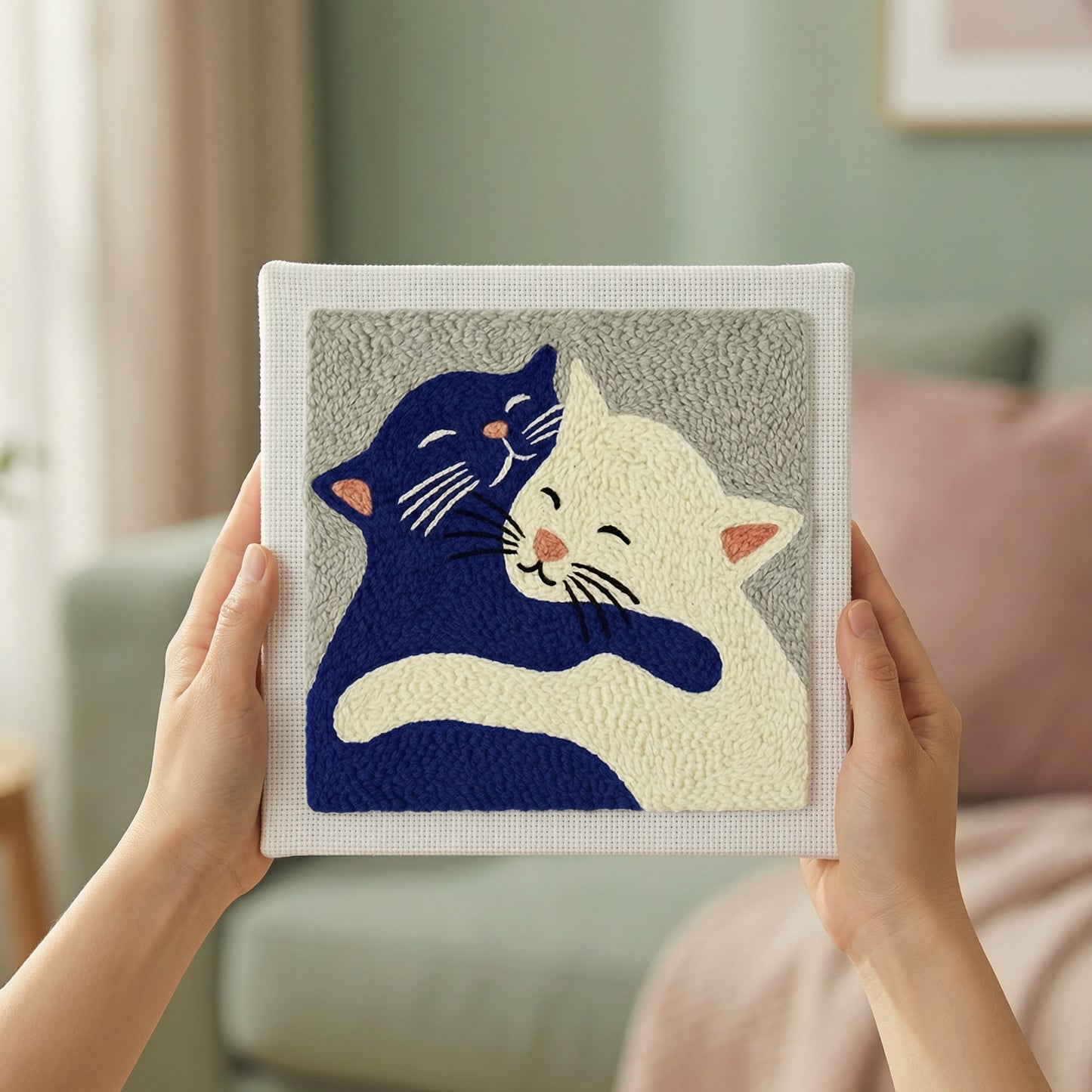 Punch Needle embroidery tutorial - Crafting a cute cat couple in love with soft wool and magic needle.