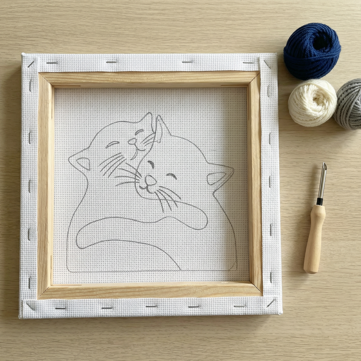 Tonia Art complete Punch Needle set - Pre-printed hugging cats pattern, high-quality wool, and ergonomic needle.