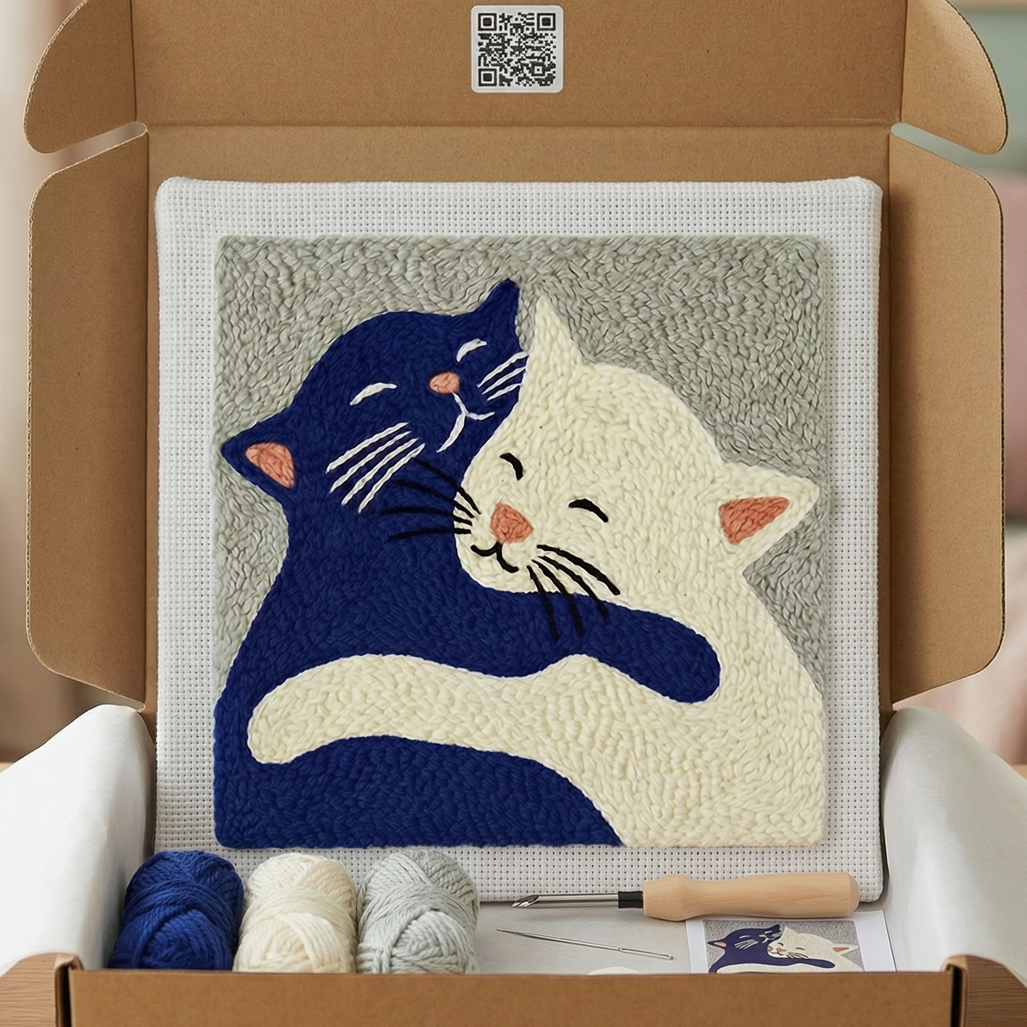 Tonia Art Les Amoureux Punch Needle Kit - Two hugging cats DIY wall decor on pre-stretched wooden frame