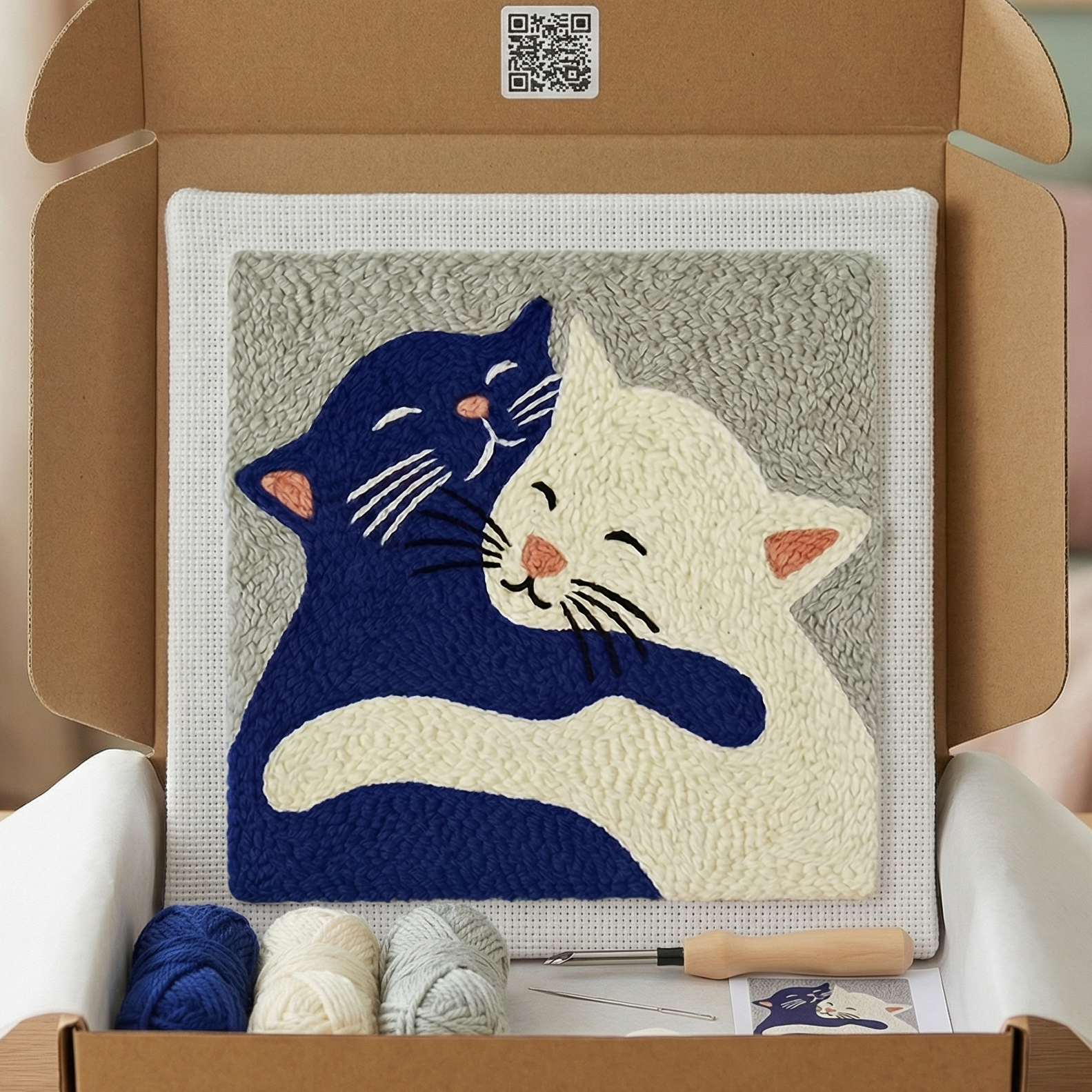Tonia Art Les Amoureux Punch Needle Kit - Two hugging cats DIY wall decor on pre-stretched wooden frame