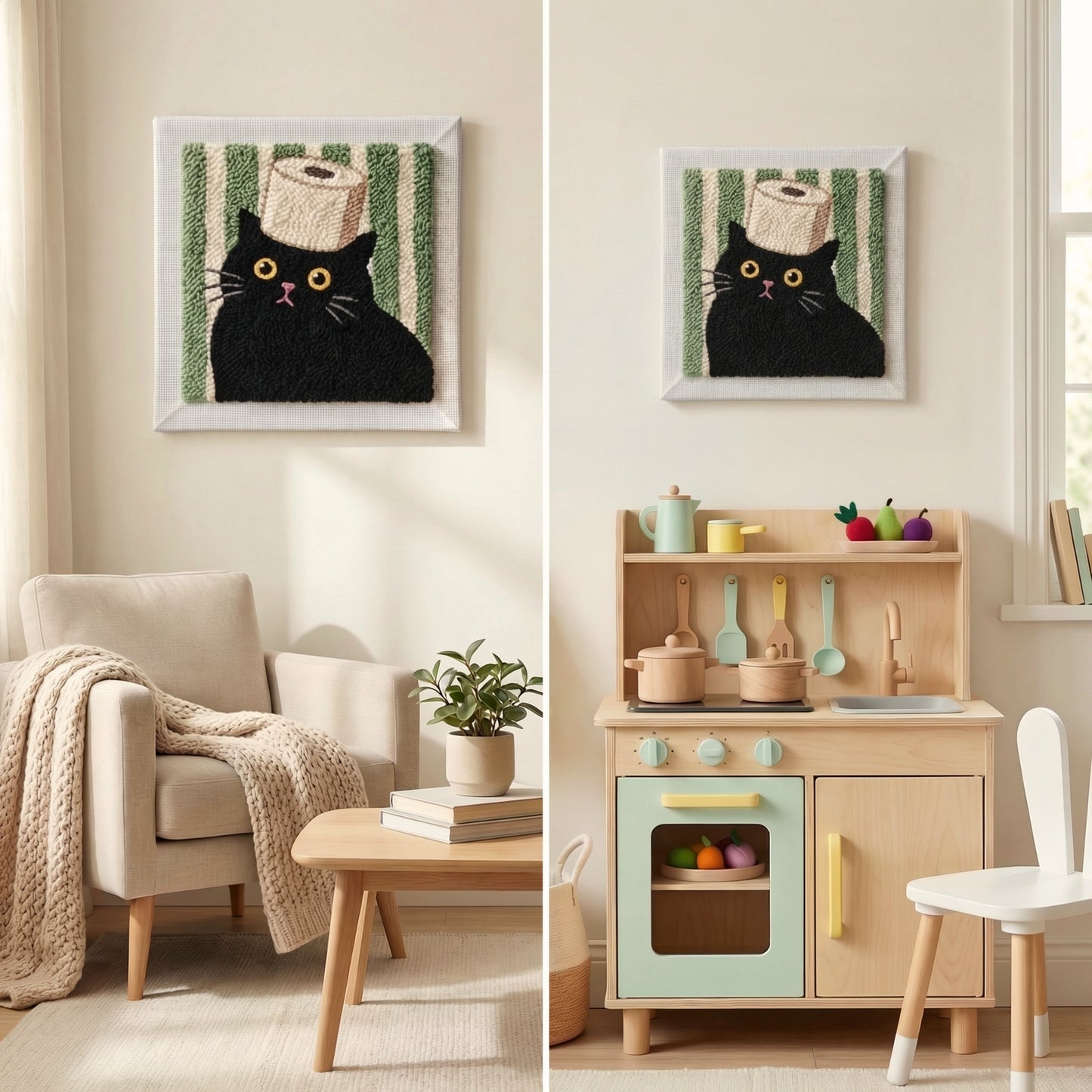 Handmade The Pensive Cat textile art - Fun and quirky DIY home decoration for a bedroom or living room.