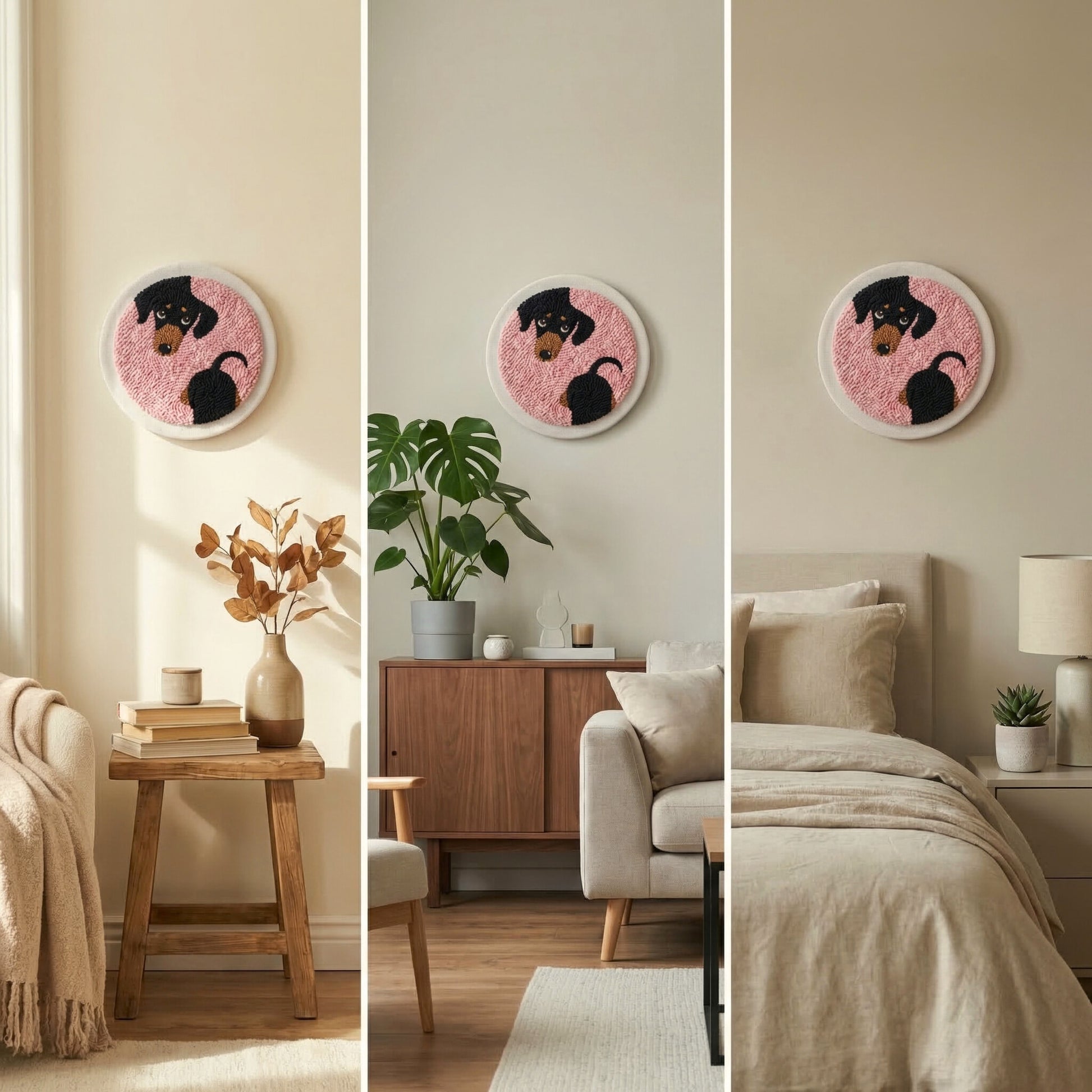 Handmade dachshund textile art hanging in a modern living room - Cozy DIY home decoration for dog lovers and pet owners