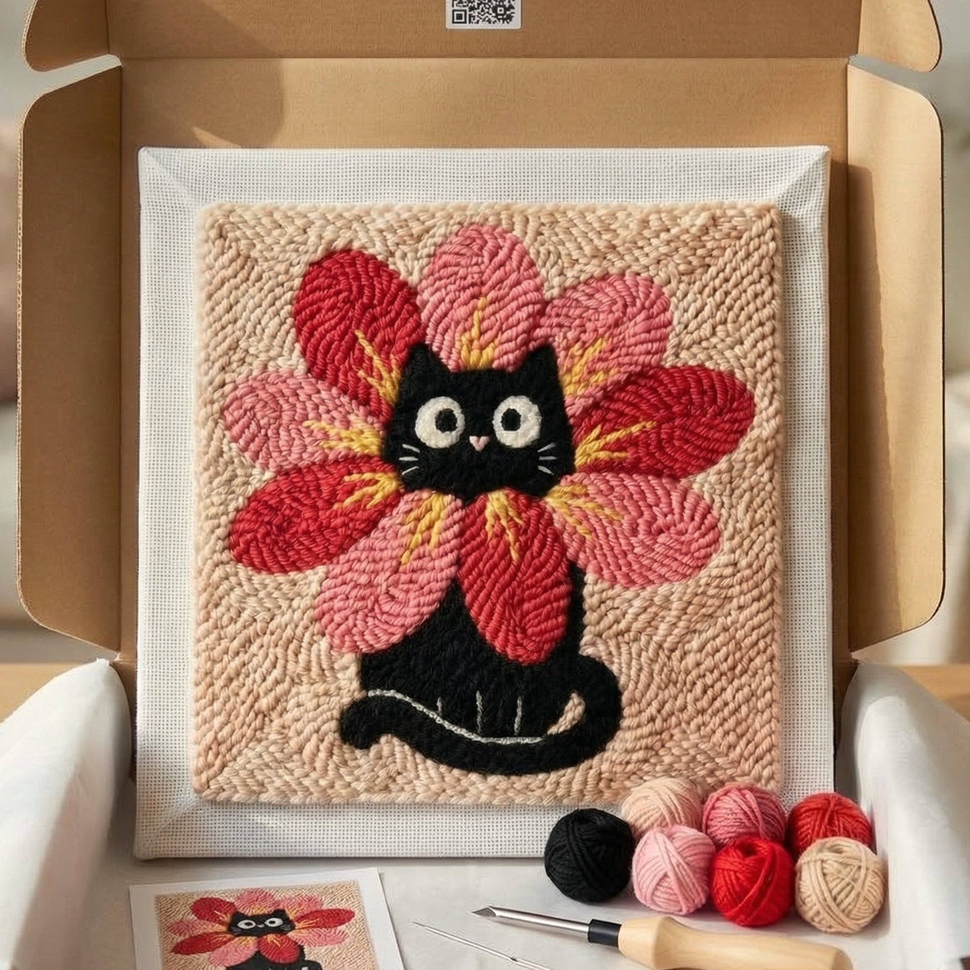 Tonia Art Cat in Bloom Punch Needle Kit - Elegant cat silhouette with flowers DIY wall decor on pre-stretched wooden frame
