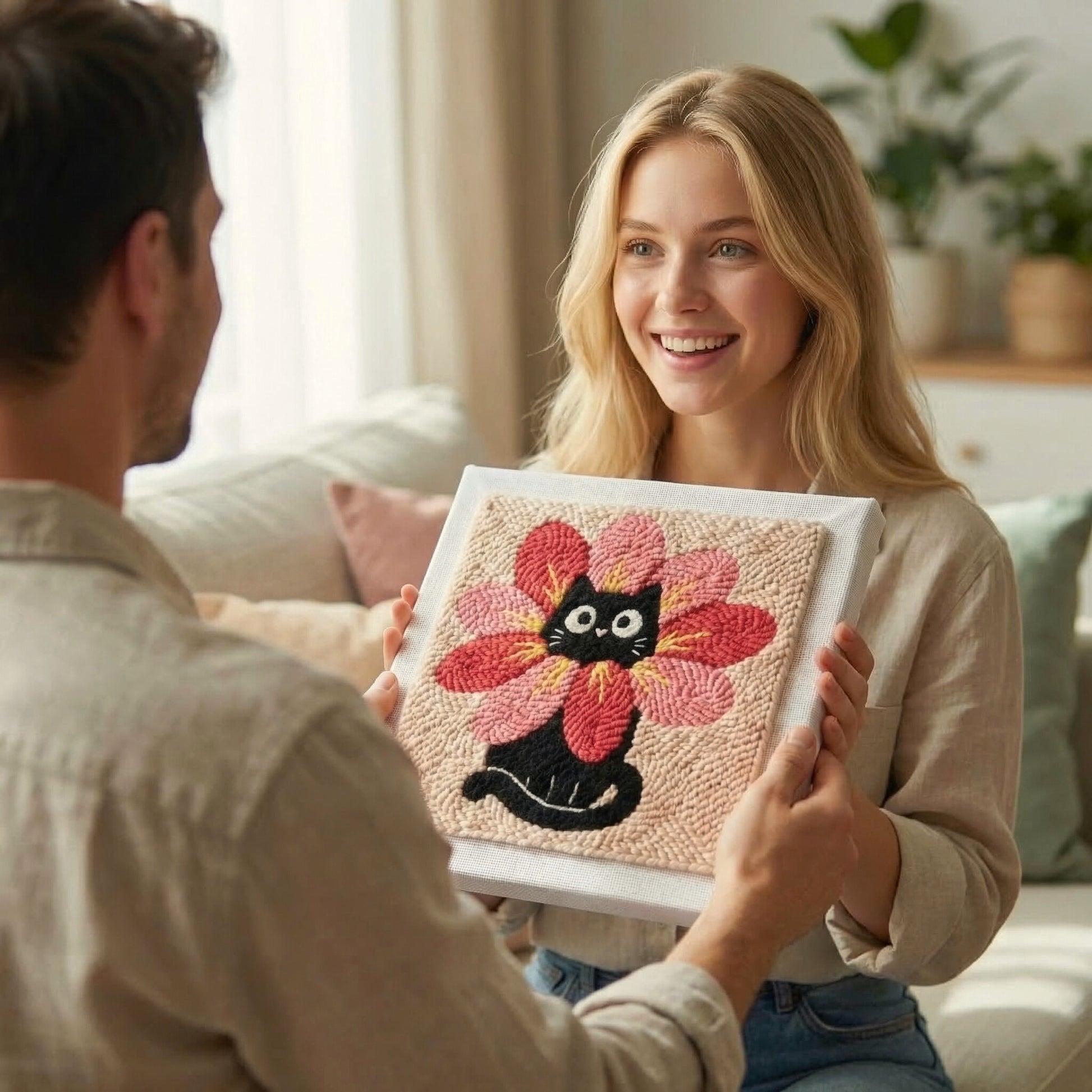 Handmade Cat in Bloom textile art - Shabby chic and poetic DIY home decoration for a bedroom or living room