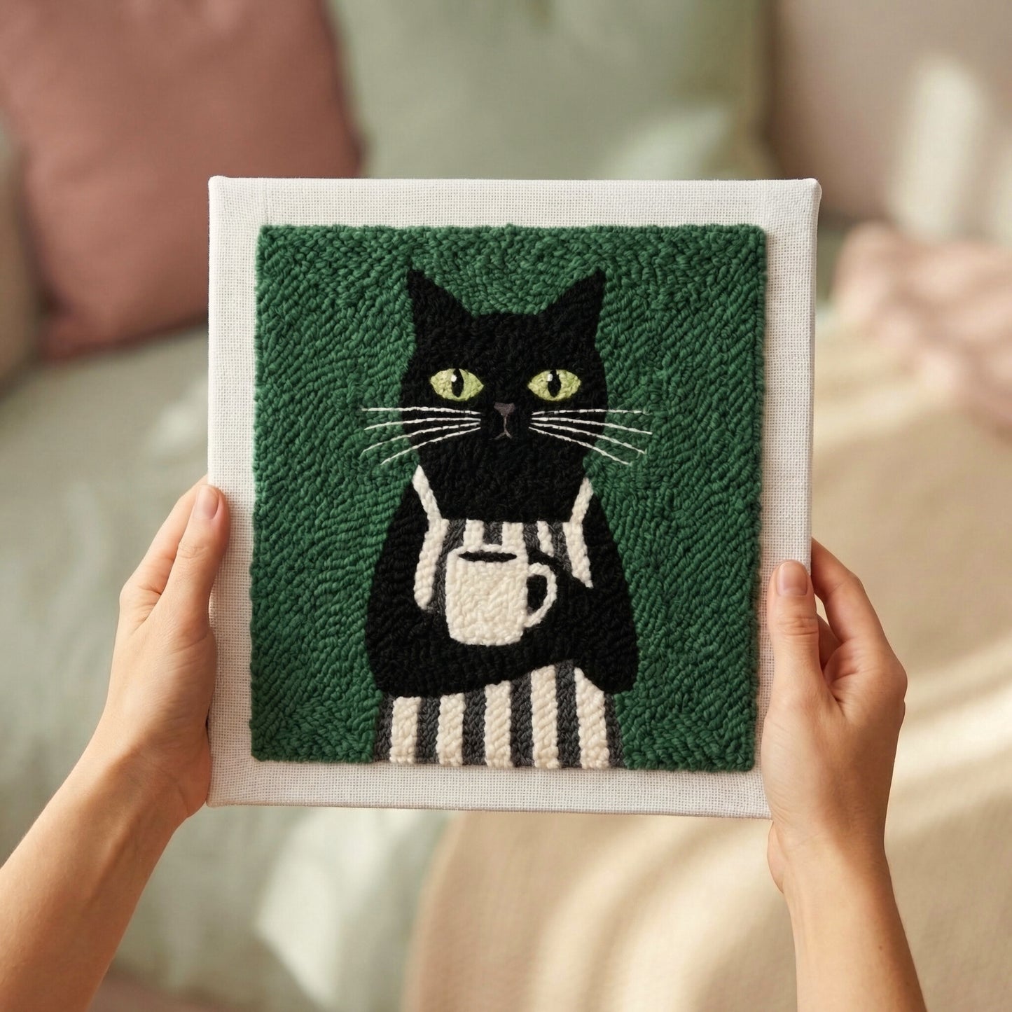 Tonia Art complete Punch Needle set - Pre-printed cat barista pattern, high-quality wool, and ergonomic needle.