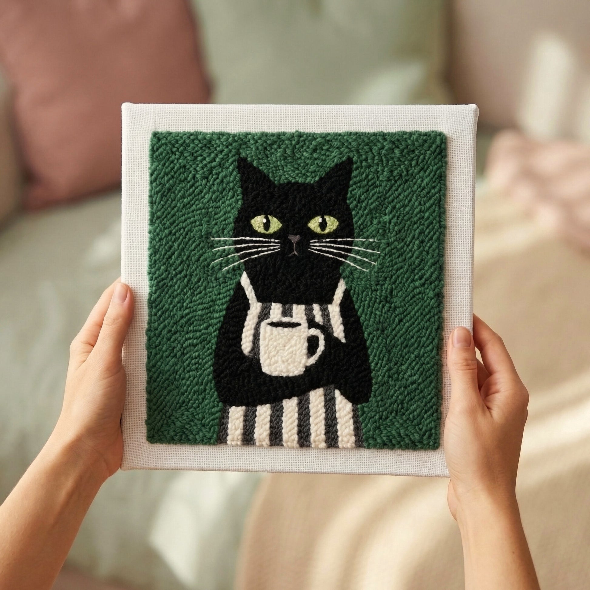 Tonia Art complete Punch Needle set - Pre-printed cat barista pattern, high-quality wool, and ergonomic needle.