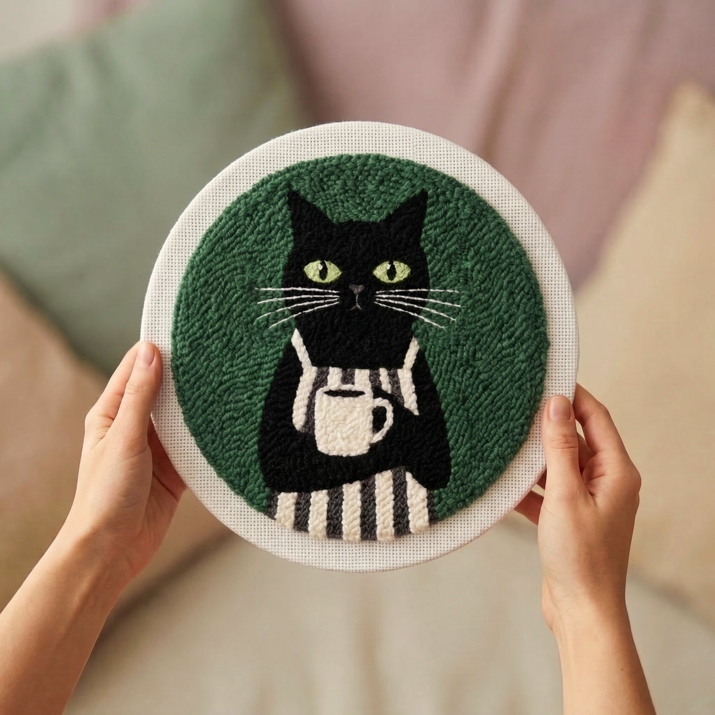 Coffee and cat themed DIY gift box - Creative punch needle kit for birthdays or housewarming presents.