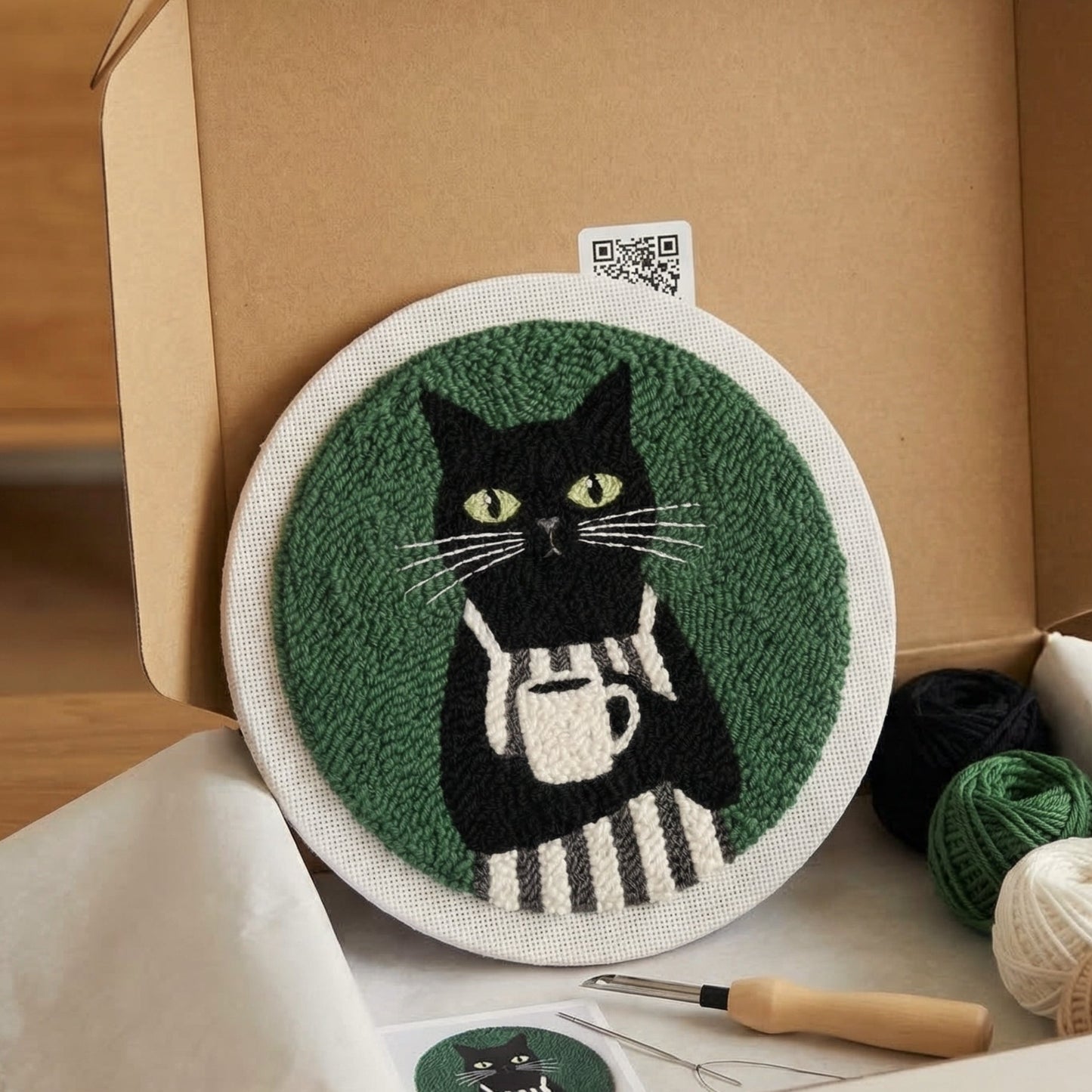 Beautifully finished punch needle cat wall art on a wooden easel - Professional looking handmade animal decor.