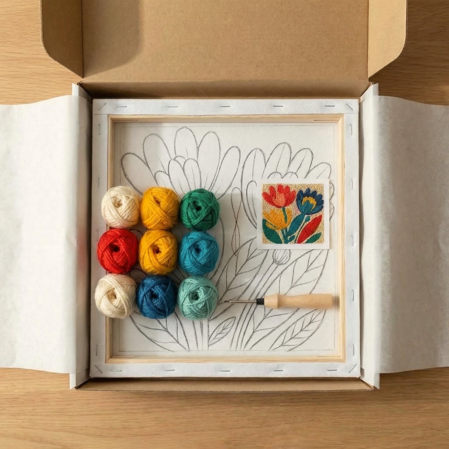 Tonia Art complete Punch Needle set - Pre-printed ethnic floral pattern, high-quality wool, and ergonomic needle.