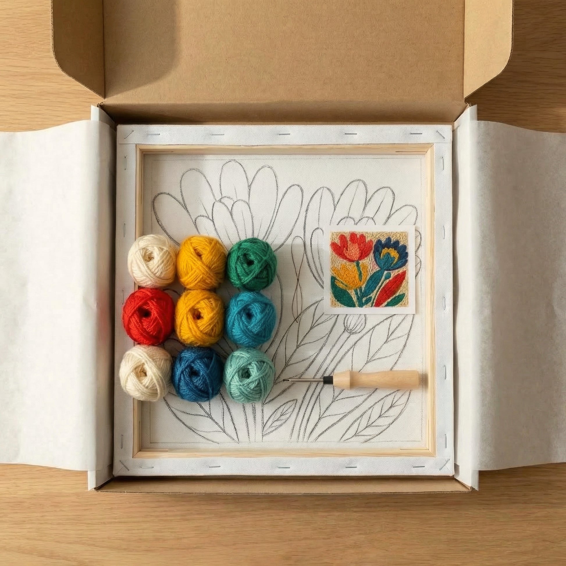 Tonia Art complete Punch Needle set - Pre-printed ethnic floral pattern, high-quality wool, and ergonomic needle.
