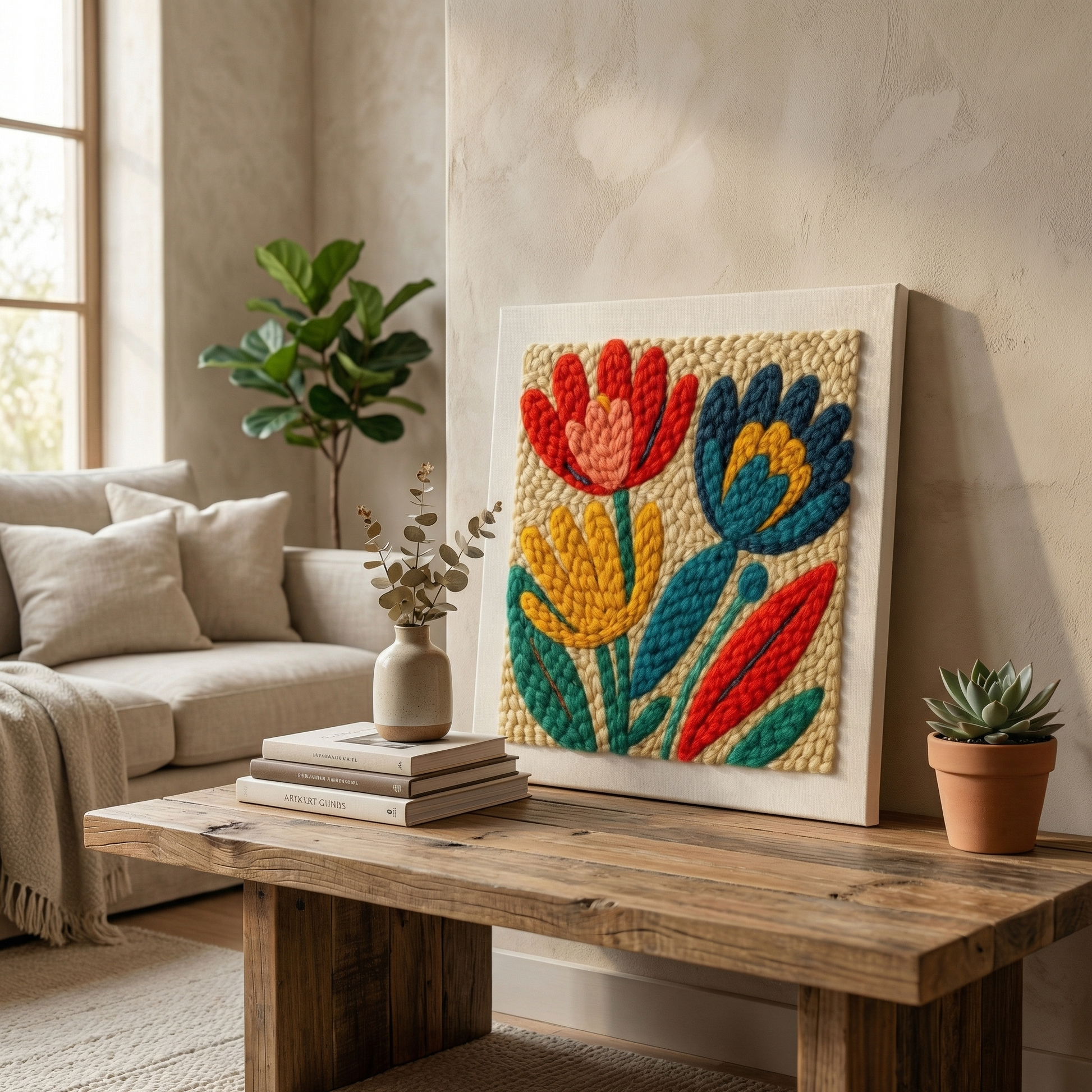 Tonia Art Ethno Floral Magic Punch Needle Kit - Folk art inspired DIY wall decor on pre-stretched wooden frame