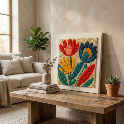 Tonia Art Ethno Floral Magic Punch Needle Kit - Folk art inspired DIY wall decor on pre-stretched wooden frame