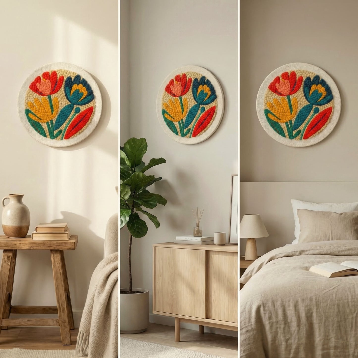 Handmade Ethno Floral textile art - Bohemian and stylish DIY home decoration for a cozy living room.