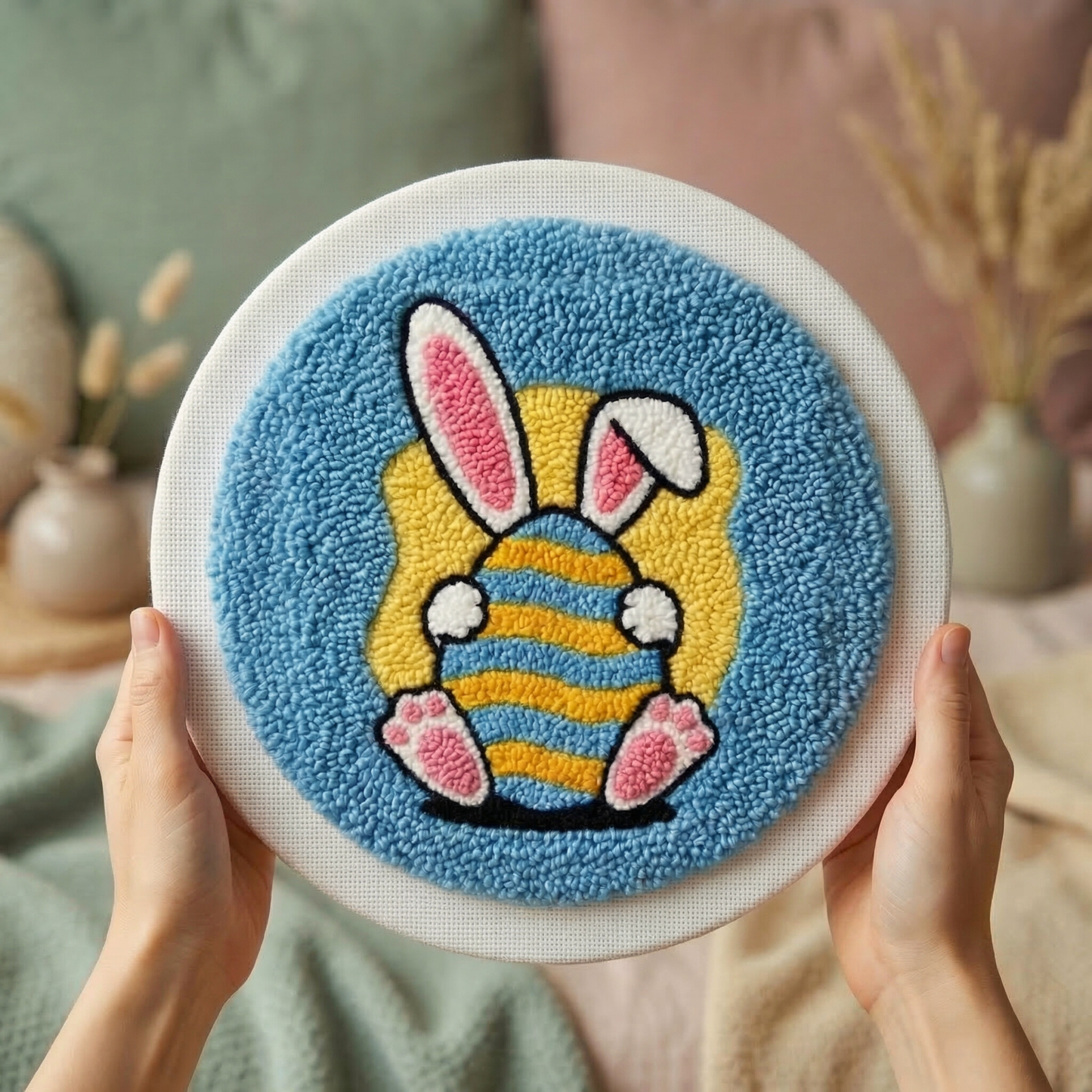 Handmade Easter Bunny textile art - Spring themed DIY home decoration for a nursery or living room.