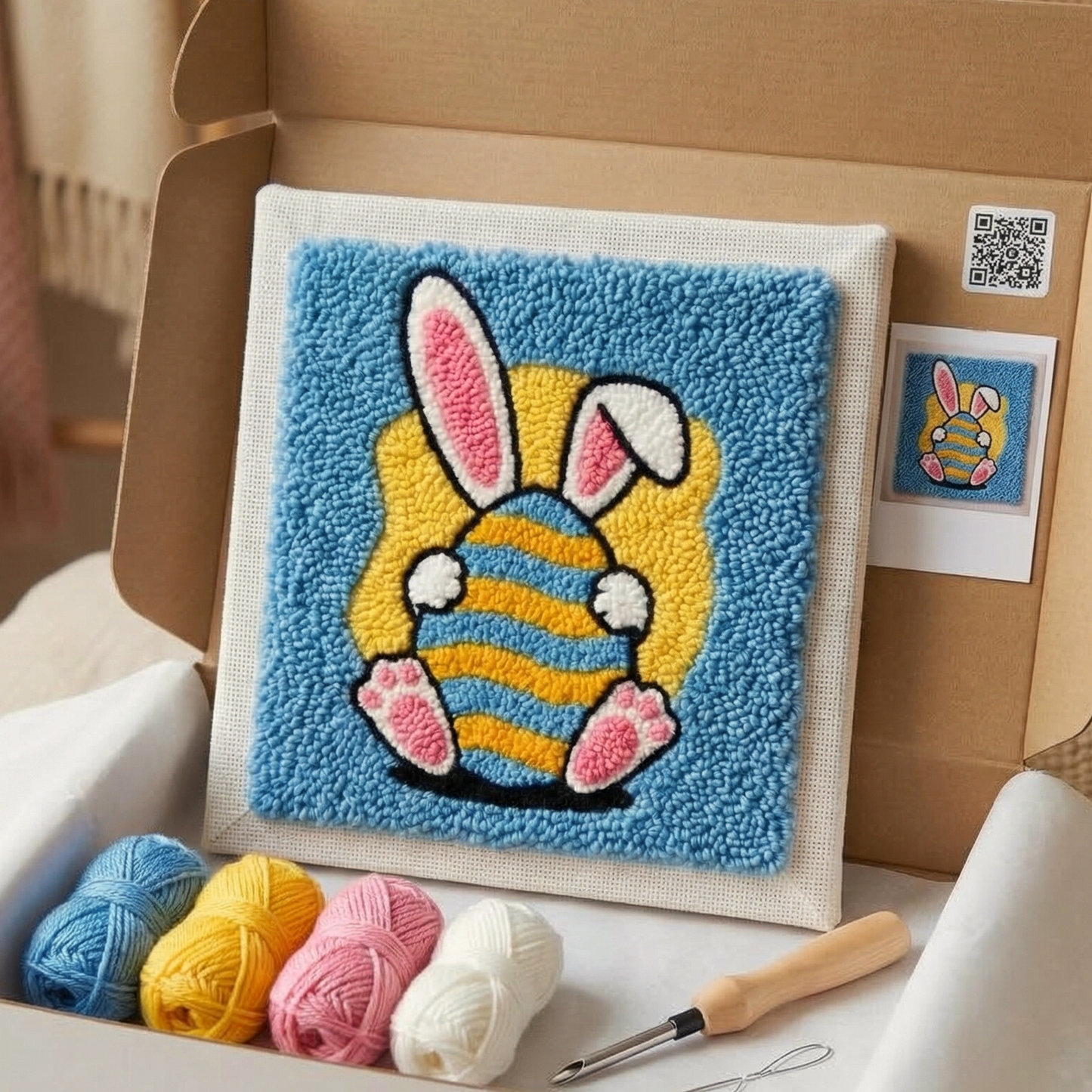 Tonia Art Bunny with Decorative Egg Punch Needle Kit - Easter bunny DIY wall decor on pre-stretched wooden frame