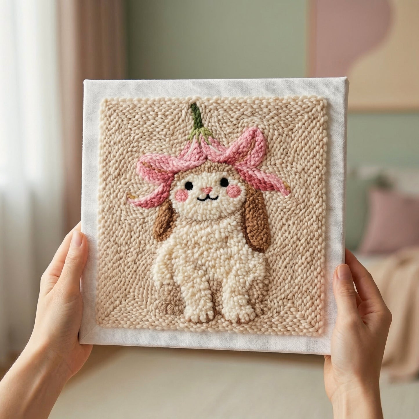 Beautifully finished punch needle bunny wall art on a wooden easel - Professional looking handmade nursery decor