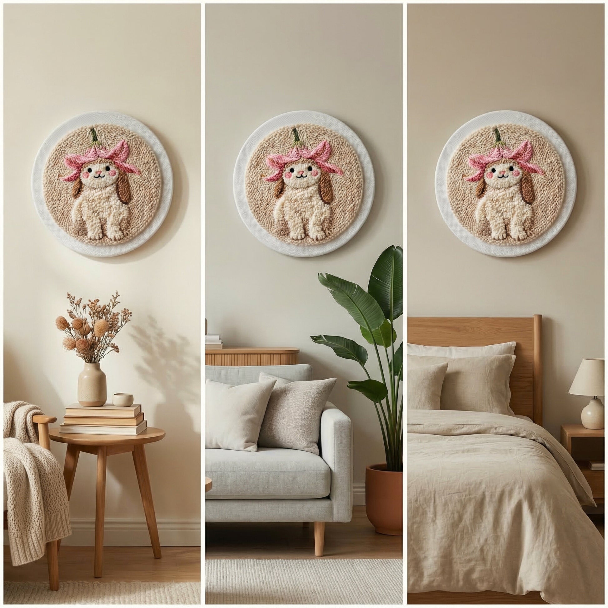 Handmade Petit Lapin textile art - Cozy and poetic DIY home decoration for a baby nursery or kids room.