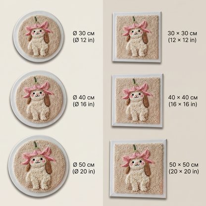 Finished Petit Lapin Adorable punch needle artwork styled in a home interior.