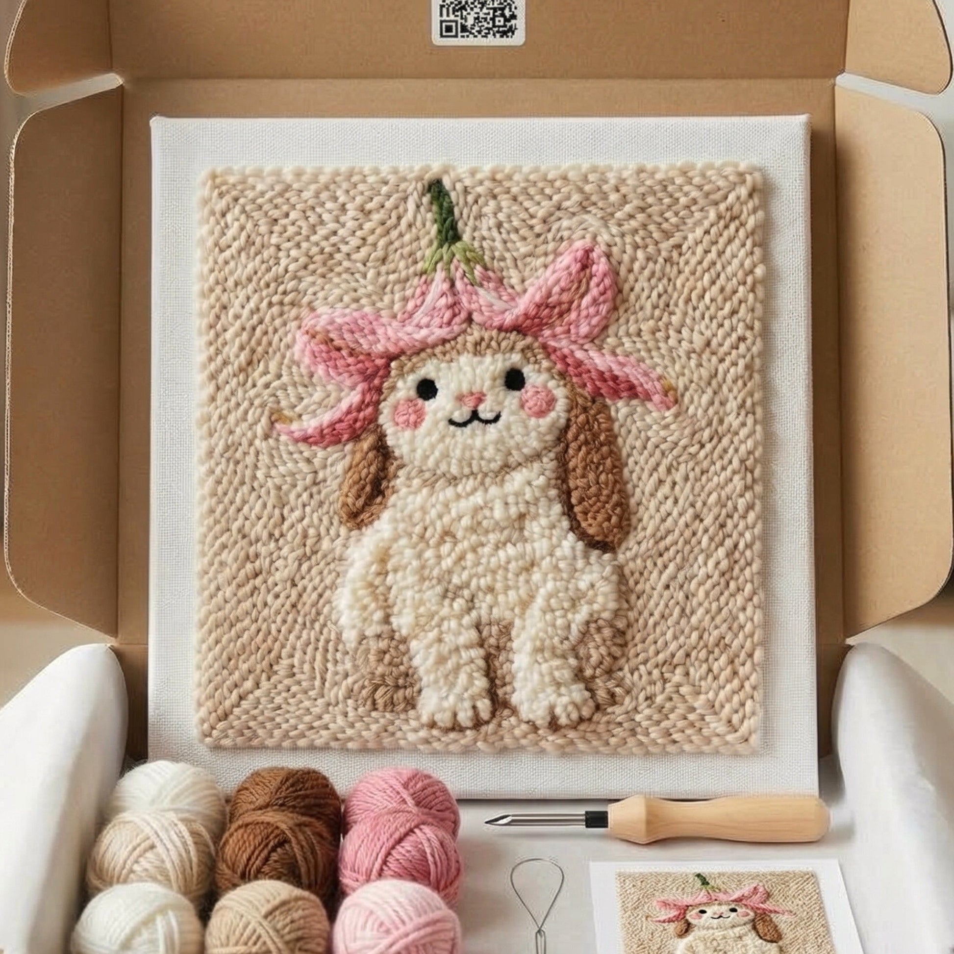 Tonia Art Cute Little Bunny Punch Needle Kit - Adorable rabbit DIY wall decor on pre-stretched wooden frame.