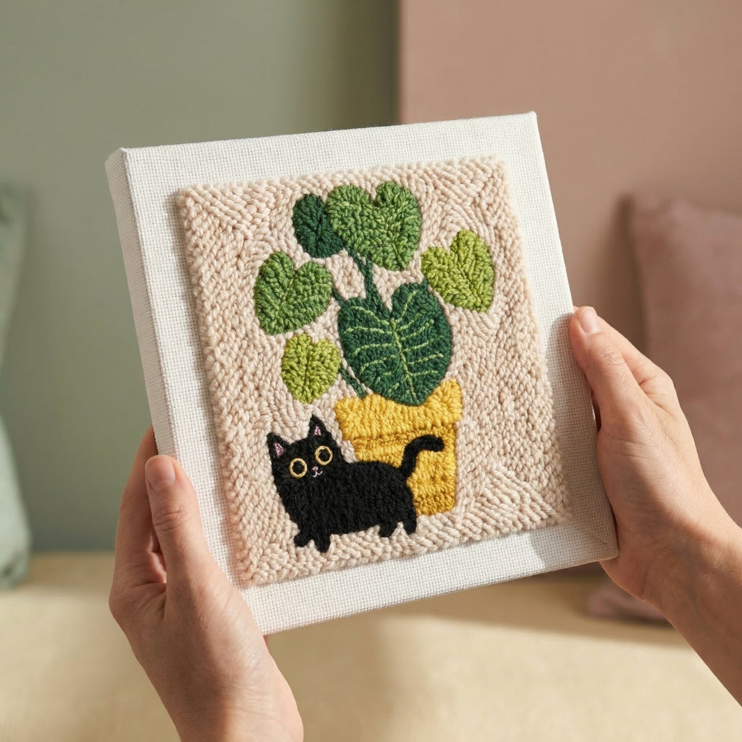 Handmade Mischievous Kitty textile art - Fun and modern DIY home decoration for a teen room or creative studio.