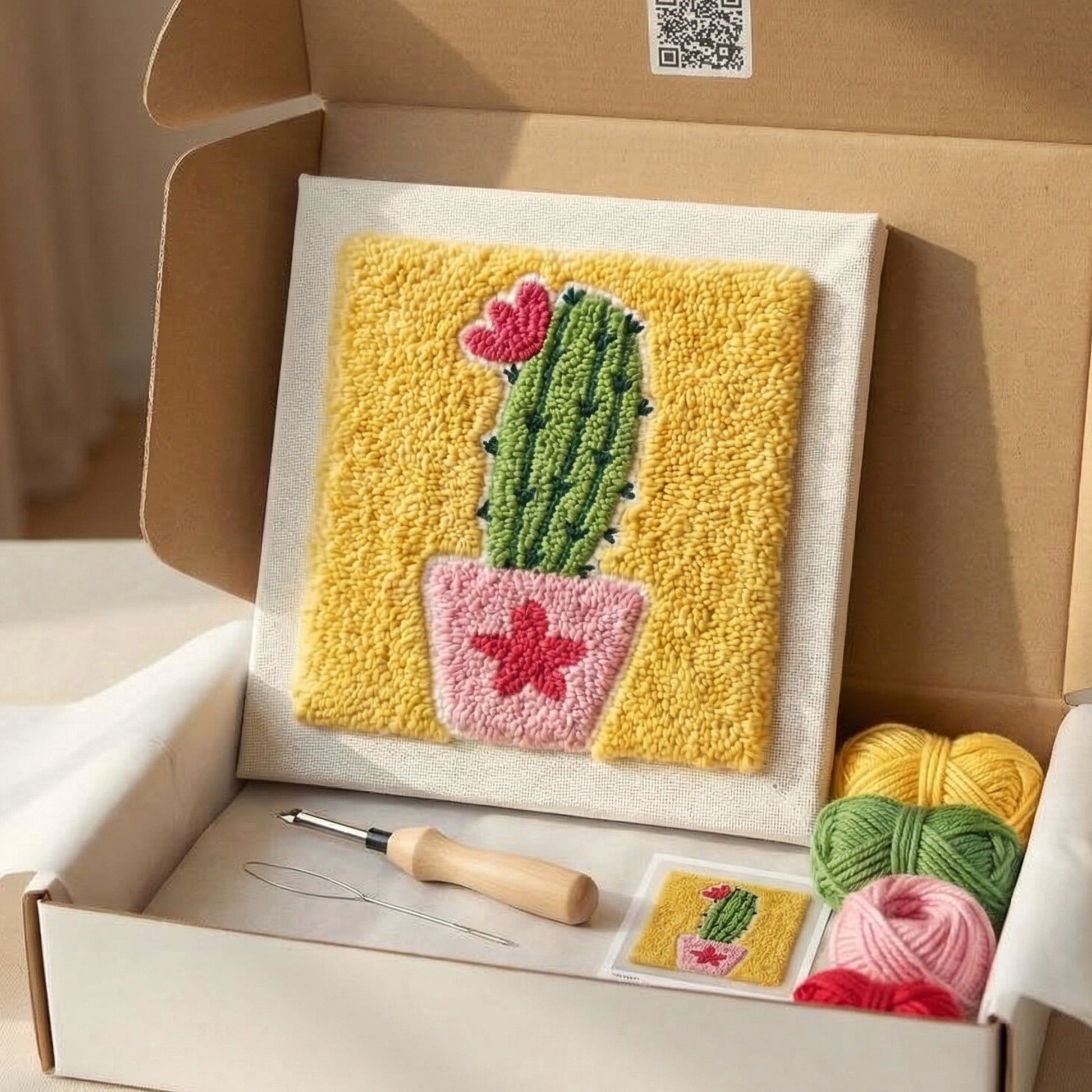 Tonia Art Sweet Little Cactus Punch Needle Kit - Minimalist DIY succulent wall art on pre-stretched wooden frame