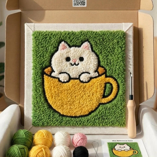 Punch‑Needle‑Set — Tonia Art Cat in a Cup Punch Needle Kit - Cozy kitten in tea — DIY Wanddeko — Tonia Art