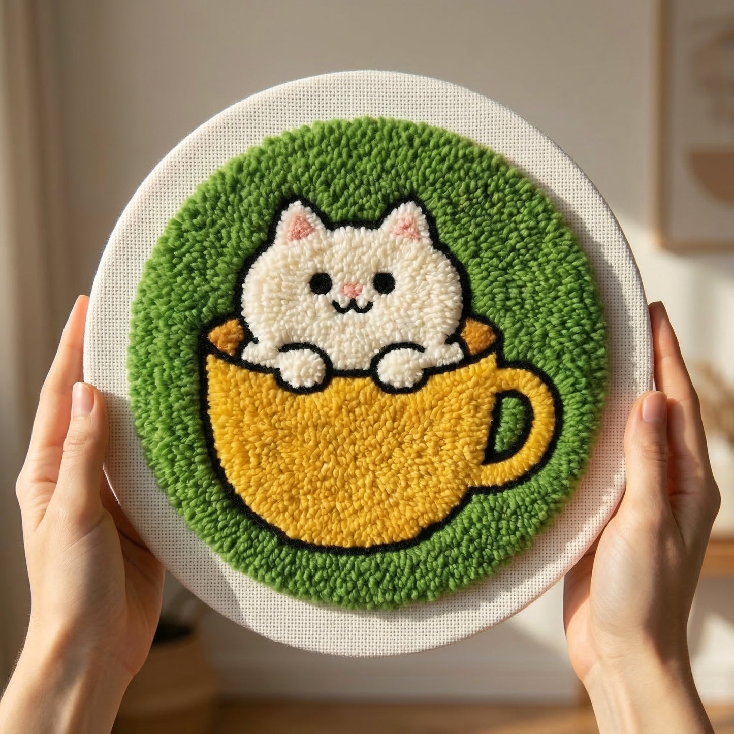 Handmade Cat in a Cup textile art - Hygge inspired DIY home decoration for a kitchen or coffee corner.