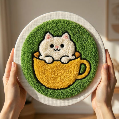 Handmade Cat in a Cup textile art - Hygge inspired DIY home decoration for a kitchen or coffee corner.
