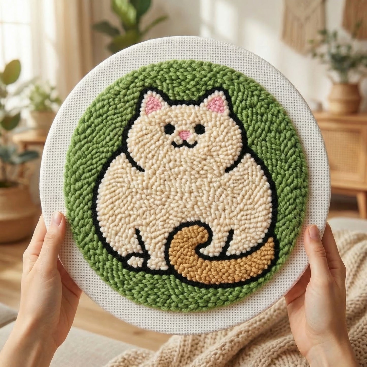 Punch‑Needle‑Set — Beautifully finished punch needle fat cat wall art on a wood — DIY Wanddeko — Tonia Art