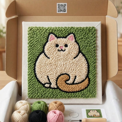 Tonia Art Chonky Cat Punch Needle Kit - Funny fat cat DIY wall art on pre-stretched wooden frame.
