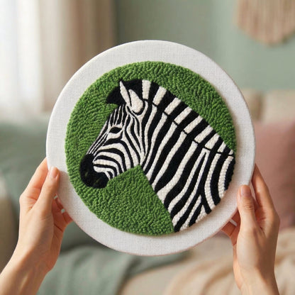 Tonia Art Zèbre Élégant Punch Needle Kit - Handmade DIY wall art on pre-stretched frame.