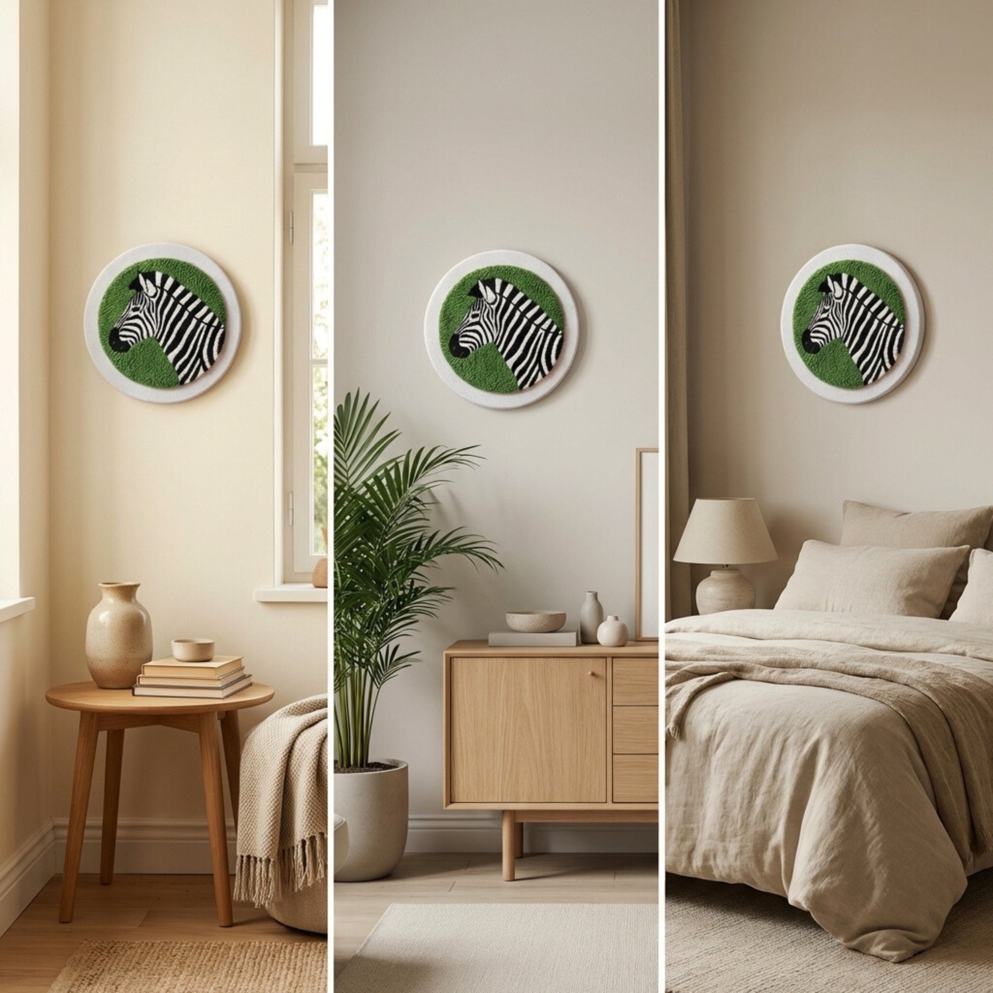 Handmade Zebra textile art - Modern safari chic DIY home decoration for a monochrome living room.