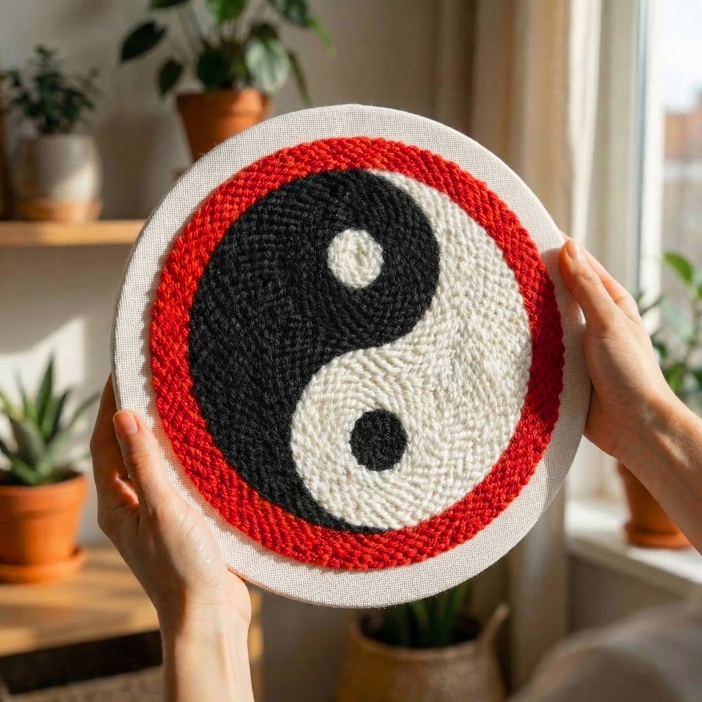 Handmade Yin Yang textile art - Calm and balanced DIY home decoration for a yoga studio or bedroom.