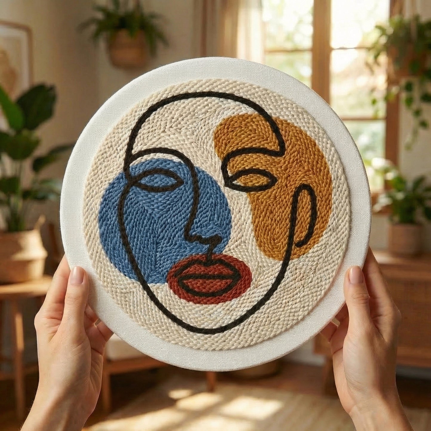 Handmade Abstract Portrait textile art - Modern Boho chic DIY home decoration for a stylish bedroom or lounge.