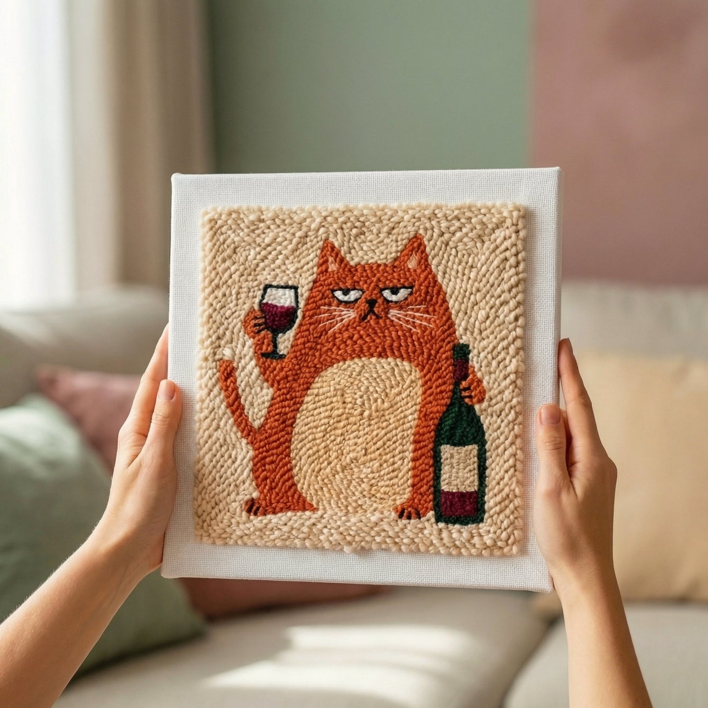 Beautifully finished punch needle cat and wine wall art - Professional looking handmade animal decor on a wooden easel.