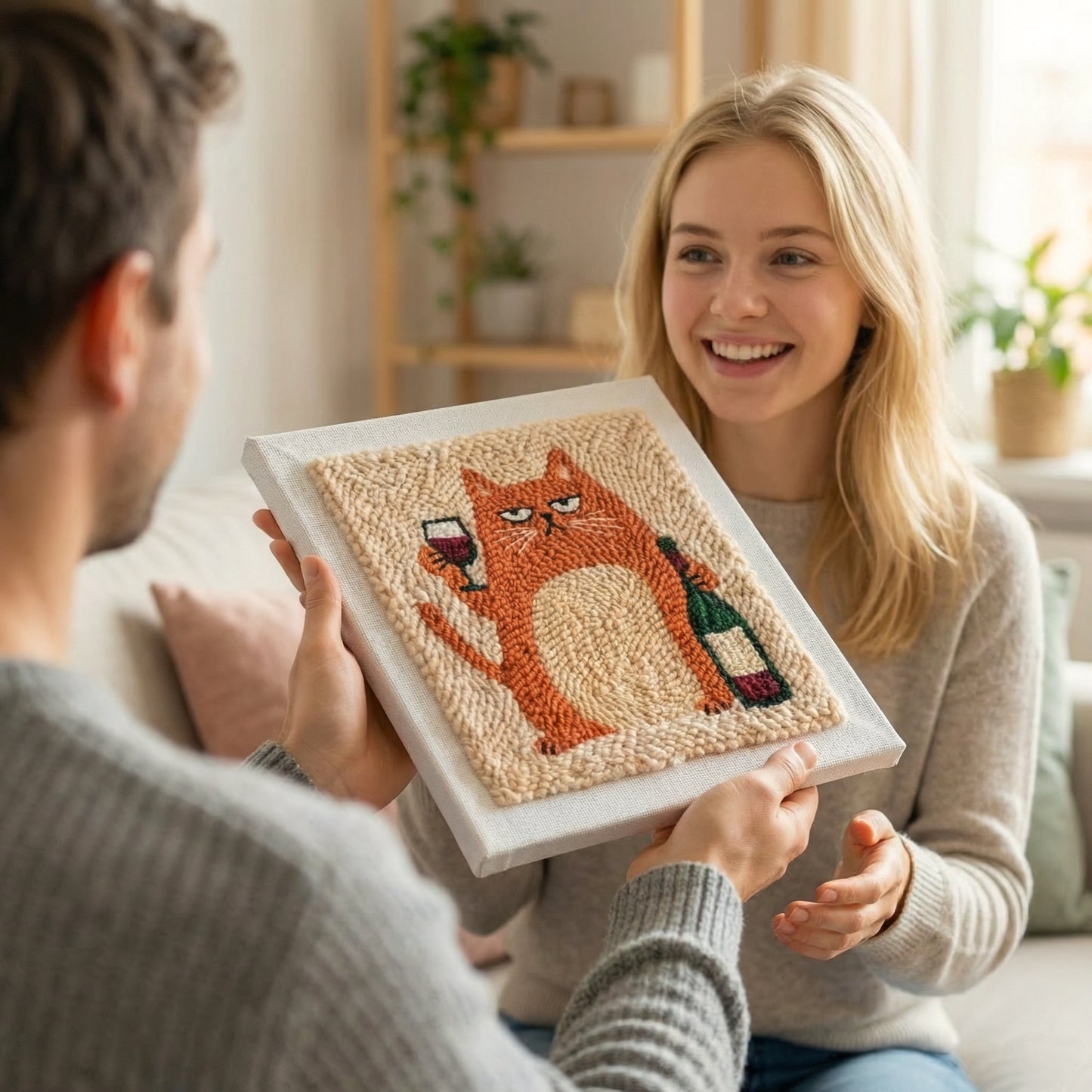 Wine lover and cat themed DIY gift box - Creative punch needle kit for epicureans and home decorators.