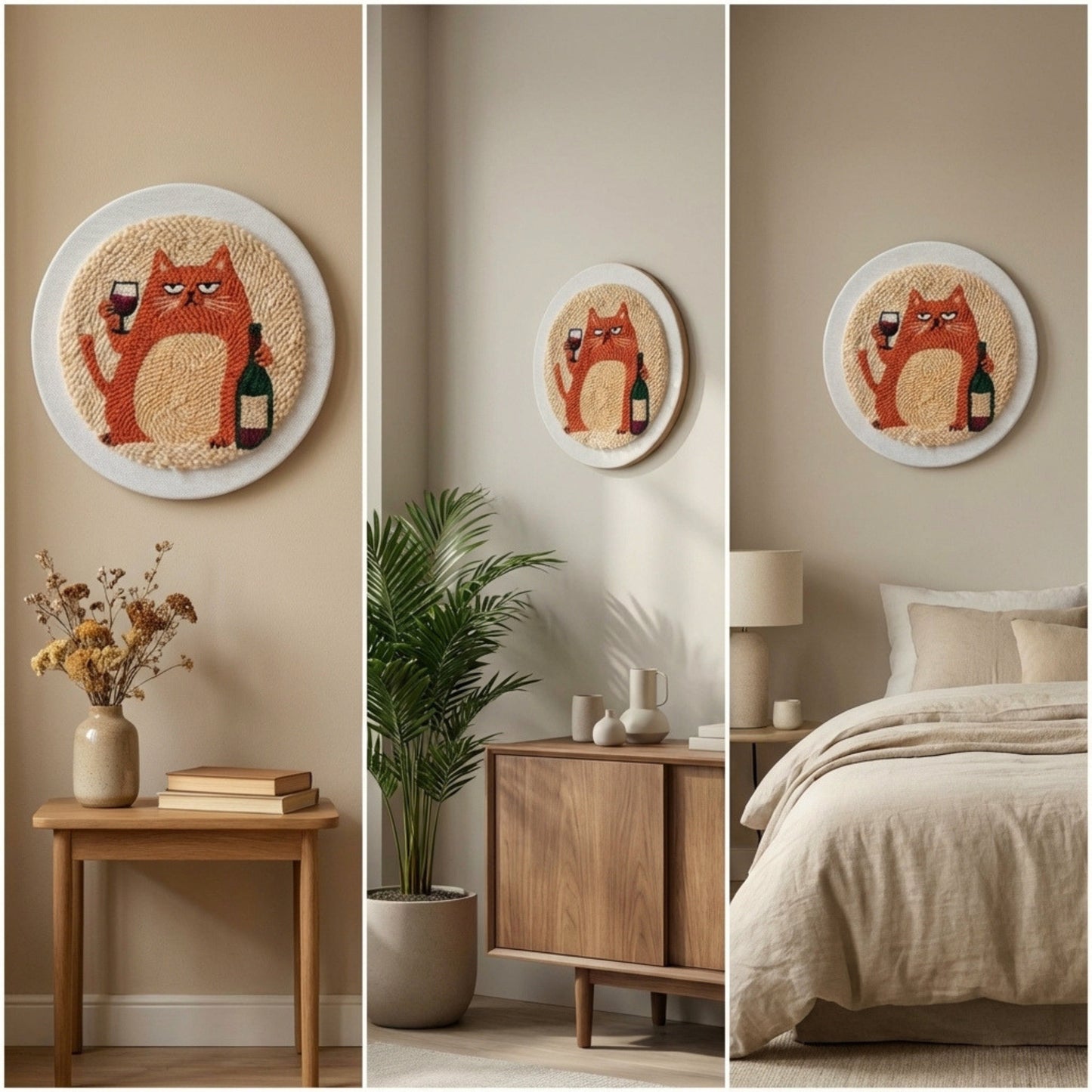 Handmade Cat and Wine textile art - Modern Art de Vivre DIY home decoration for a kitchen or dining area