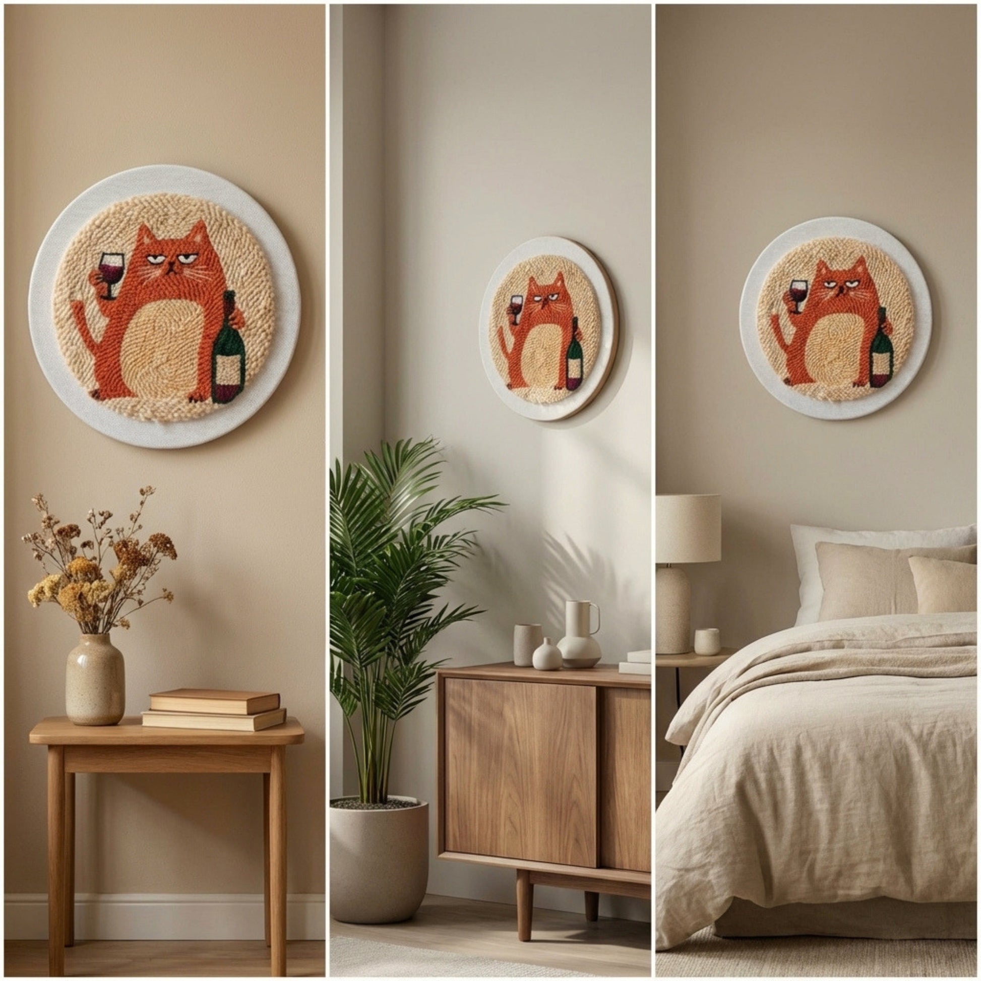 Handmade Cat and Wine textile art - Modern Art de Vivre DIY home decoration for a kitchen or dining area