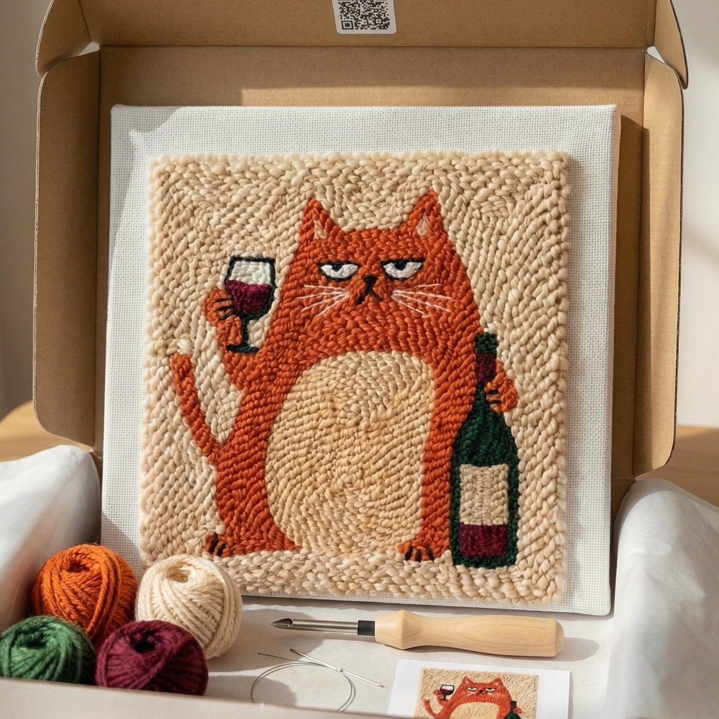 Tonia Art Cat and Red Wine Punch Needle Kit - Elegant kitten with wine glass DIY wall art on pre-stretched frame.